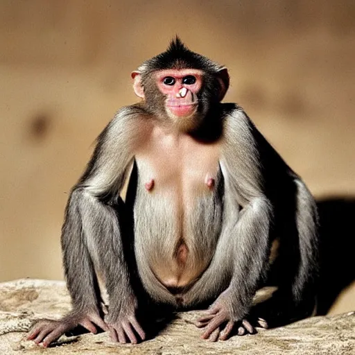 Prompt: “ a primitive woman austalopitecus looks like a monkey posing for a photo in a fashion way”