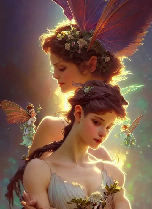 Prompt: group photo of pixie and fairy and sprite, intricate, social media, soft face, highly detailed, digital painting, artstation, concept art, sharp focus, cinematic lighting, illustration, art by artgerm and greg rutkowski, alphonse mucha, cgsociety