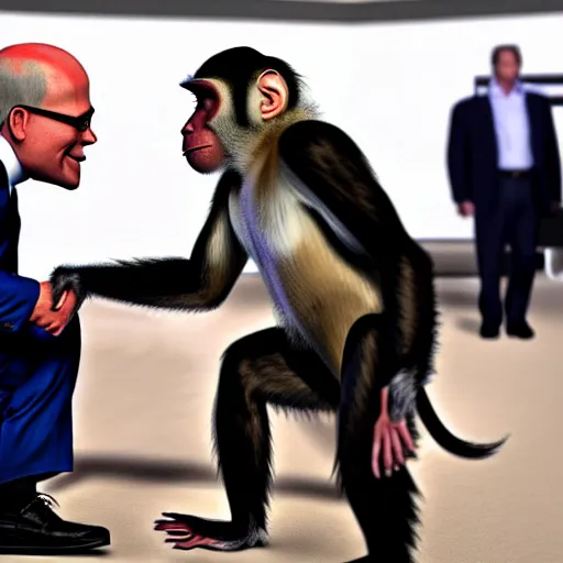 Image similar to a monkey in a jacket shakes hands with the president, a political channel, news.