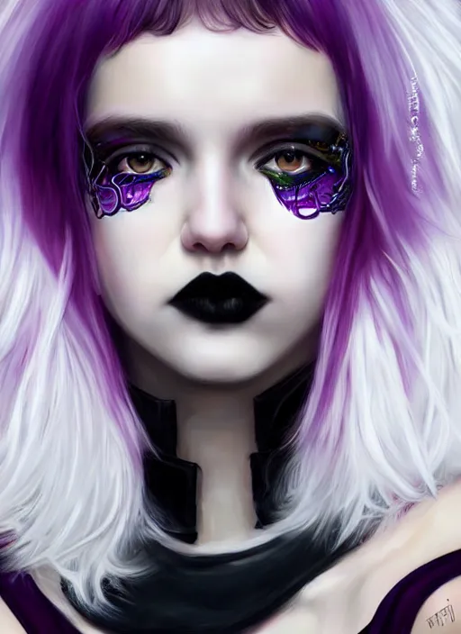 Image similar to portrait of white teenage girl, normal face, white bangs, mall goth, cyberlox, black and white hair, bangs, fluffy bangs, red contact lenses, purple lipstick, intricate, elegant, highly detailed, digital painting, artstation, concept art, sharp focus, smooth, illustration, art by wlop, mars ravelo and greg rutkowski