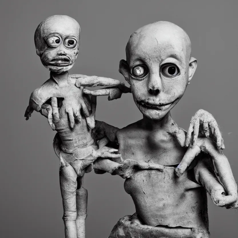 Image similar to creepy ventriloqiest dummy in the style of Roger Ballen, 4k, bw, portrait