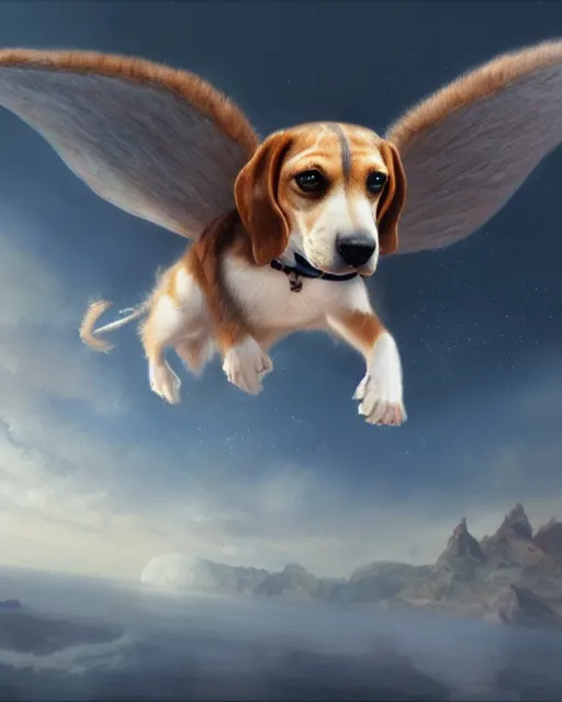 Image similar to cute flying beagle, cinematic, stunning, adorable, highly detailed fur, digital painting, artstation, smooth, hard focus, illustration, art by jessica rossier and and brian froud