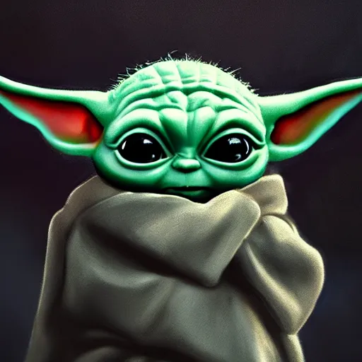 Image similar to small cute baby yoda, hyper detailed painting, dramatic lighting, cinematic,