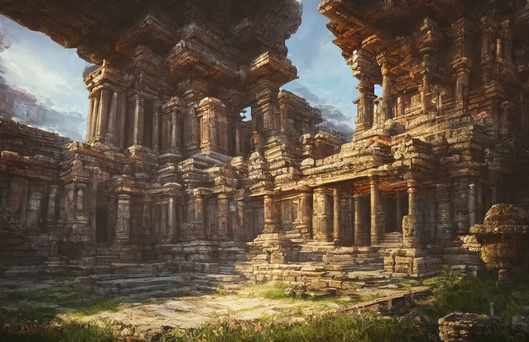 Image similar to a beautiful painting of a ancient temple on another world by sam spratt | wide angle | unreal engine :. 3