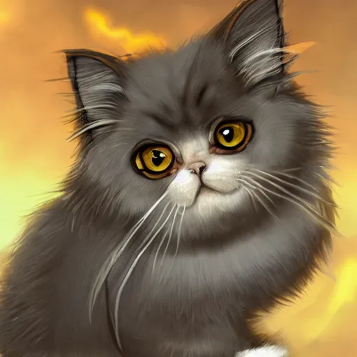 Image similar to a fantasy game portrait of a persian cat. the persian cat has a determined expression and is holding a bazooka. highly detailed and trending on art station.