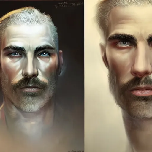 Prompt: portrait painting of a vampire police officer with pale skin short blond hair and a patchy beard, ultra realistic, concept art, intricate details, eerie, highly detailed, photorealistic, octane render, 8 k, unreal engine. art by artgerm and greg rutkowski