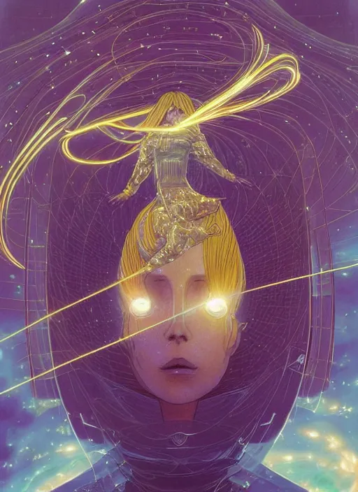 Image similar to a golden woman 2/3 figurative anime portrait, in space, head breaking apart and spiraling geometry into the sky upwards into another dimension, lazer light beaming down to top of her head, by moebius and Yoshitaka amano