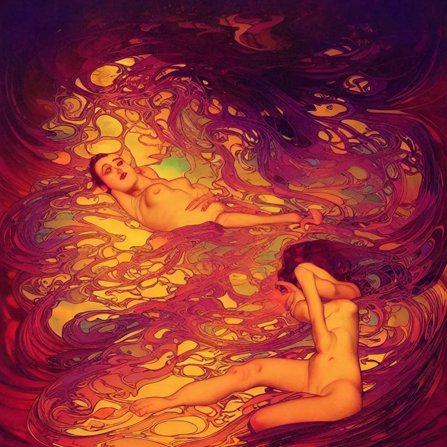 Image similar to transcendent mind bending indigo waves of glossy psychedelic liquid honey flowing like kaleidoscopic translucent amber, lsd waves, honey ripples, enlightenment, dramatic professional lighting, refracted sunset lighting, art by collier, albert aublet, krenz cushart, artem demura, alphonse mucha