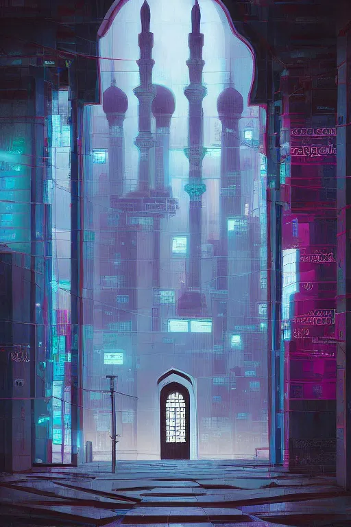 Image similar to painting of a mosque, cyberpunk style