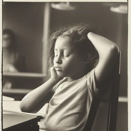 Prompt: young girl sits at the desk with her arms around her head and cries, by Imogen Cunningham and Eliot Porter