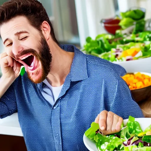 Image similar to a stock photo of a man laughing while eating salad,photorealistoc,4k,detailed face