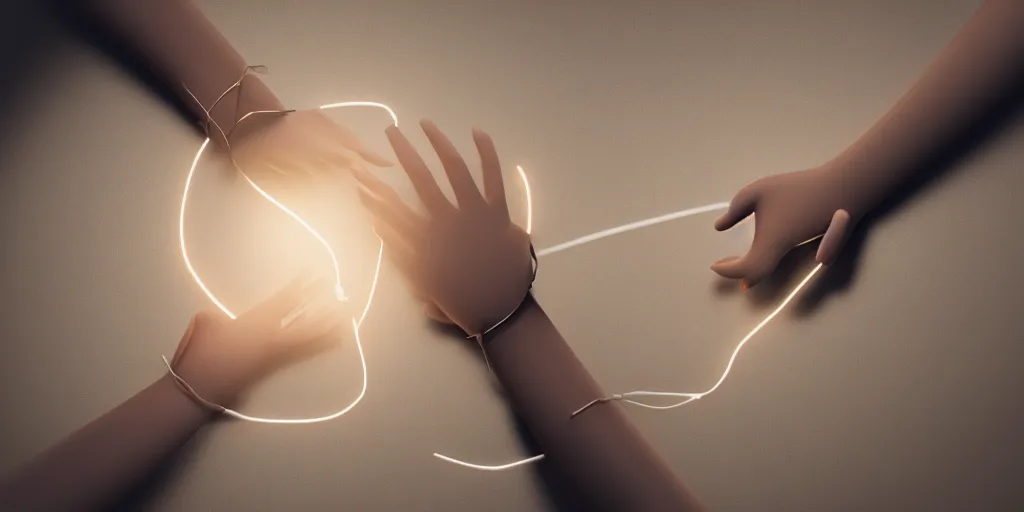 Prompt: a beautiful illustration of two hands touching, bound by a glowing hot wire wrapped around the wrists, background a wooden table surface, bird's view, octane render, 8 k, artstation