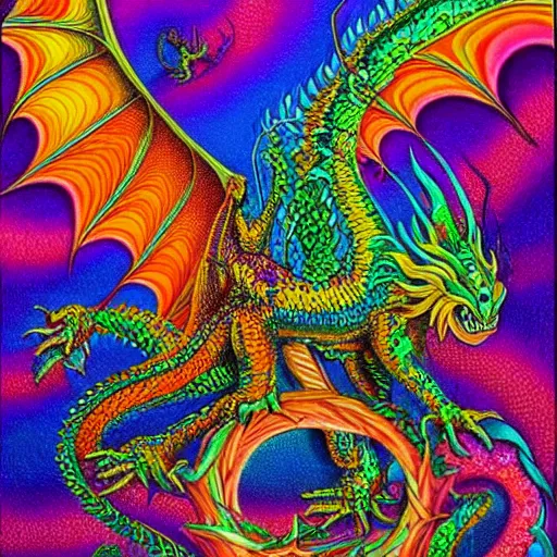 Prompt: a painting of a dragon with a psychedelic look, a detailed painting by lisa frank and alex grey, reddit contest winner, psychedelic art, detailed painting, psychedelic, ( ( pointilism ) ), made of crystals