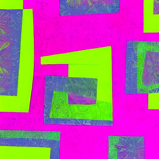 Prompt: abstract paper collage in hot pink, lime green, and purple; highly detailed; torn edges