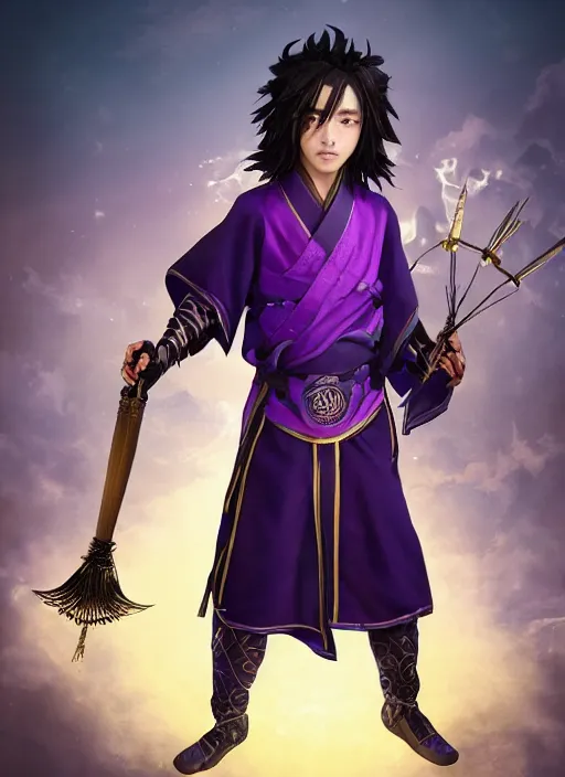 Prompt: An epic fantasy portrait painting of teenager boy with straight indigo hair, purple eyes with red eye markers, slim body, wearing a detailed Japanese kimono with golden armor pieces, holding japanese fan. Unreal 5, DAZ, hyperrealistic, octane render, studio Ufotable, Demon Slayer artstyle, cosplay, RPG portrait, dynamic lighting