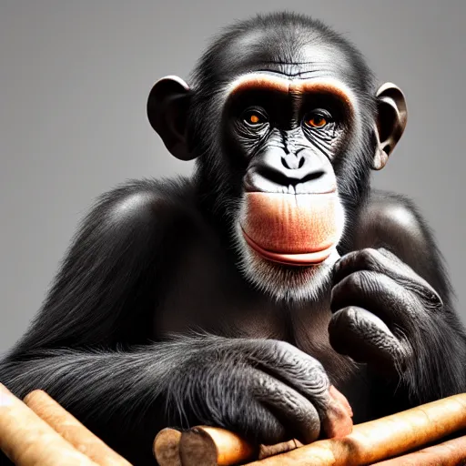 Image similar to a high detail shot of a chimp wearing a suit, smoking a cigar, render, cgsociety, photorealism