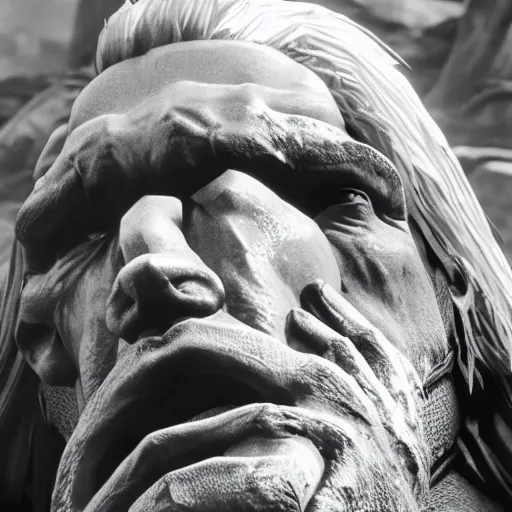 Prompt: geralt from the witcher, posed like rodin's the thinker, film still