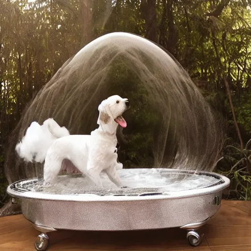 Prompt: ethereal spa heavenly bubbles for dogs covered in whipped cream