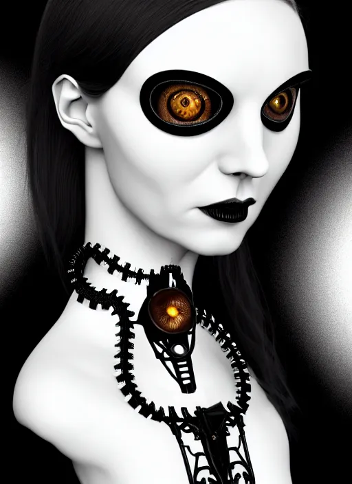 Image similar to 1 9 3 0 black and white gothic masterpiece profile face portrait, one steampunk eye biomechanical beautiful young female cyborg - vampire, body meshes, big monocular, volumetric light, hibiscus flowers, by hg giger, rim light, big gothic fashion pearl embroidered collar, 8 k