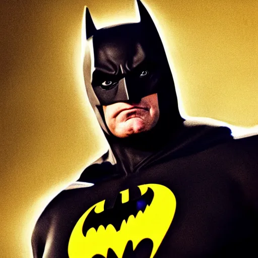 Prompt: Portrait of John Goodman as Batman, splash art, movie still, cinematic lighting, dramatic, octane render, long lens, shallow depth of field, bokeh, anamorphic lens flare, 8k, hyper detailed, 35mm film grain