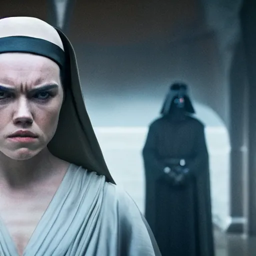 Image similar to movie still of daisy ridley as sith empress wearing a black satin robe and metal belt with dark eyeliner make - up as if she was crying, sweaty, detailed eyes, neutral expression, shallow depth of field, photorealistic, cinematic lighting, lovely bokeh, dark moody light, strong rim light, movie quality, star wars