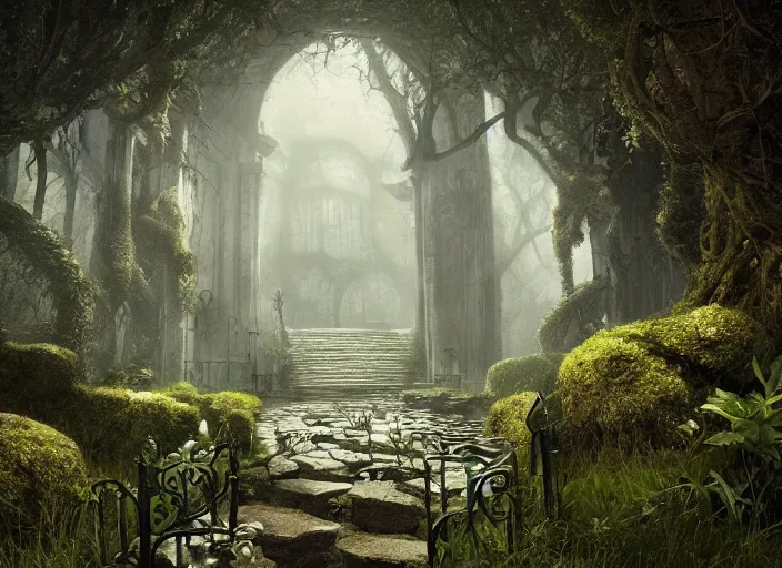 Prompt: secret garden, in the style of pan's labyrinth movie, pathway, stairs, odd looking creatures, spooky, dark, concept art, unreal engine 5, matte painting, artstation, caspar friedrich