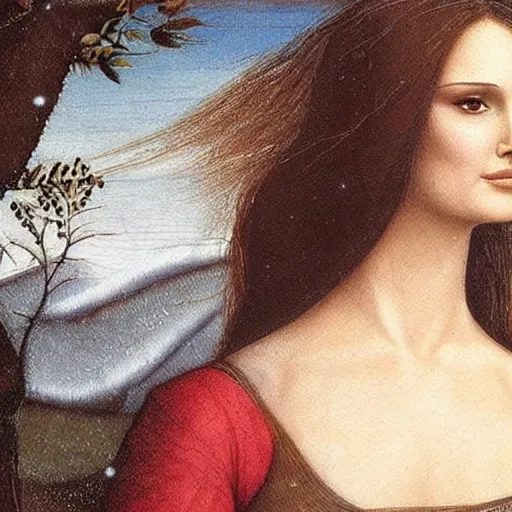 Prompt: natalie portman with indigo hair planting seeds in a winter wonderland, painting by leonardo da vinci