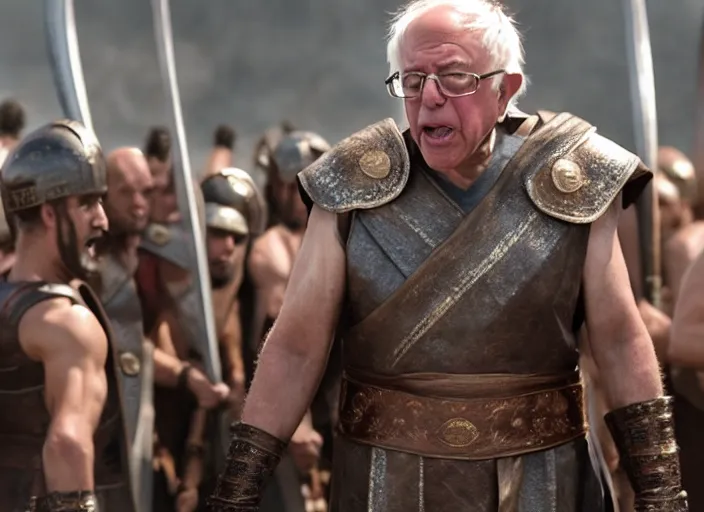 Image similar to film still of bernie sanders as leonidas in 3 0 0 movie, 8 k