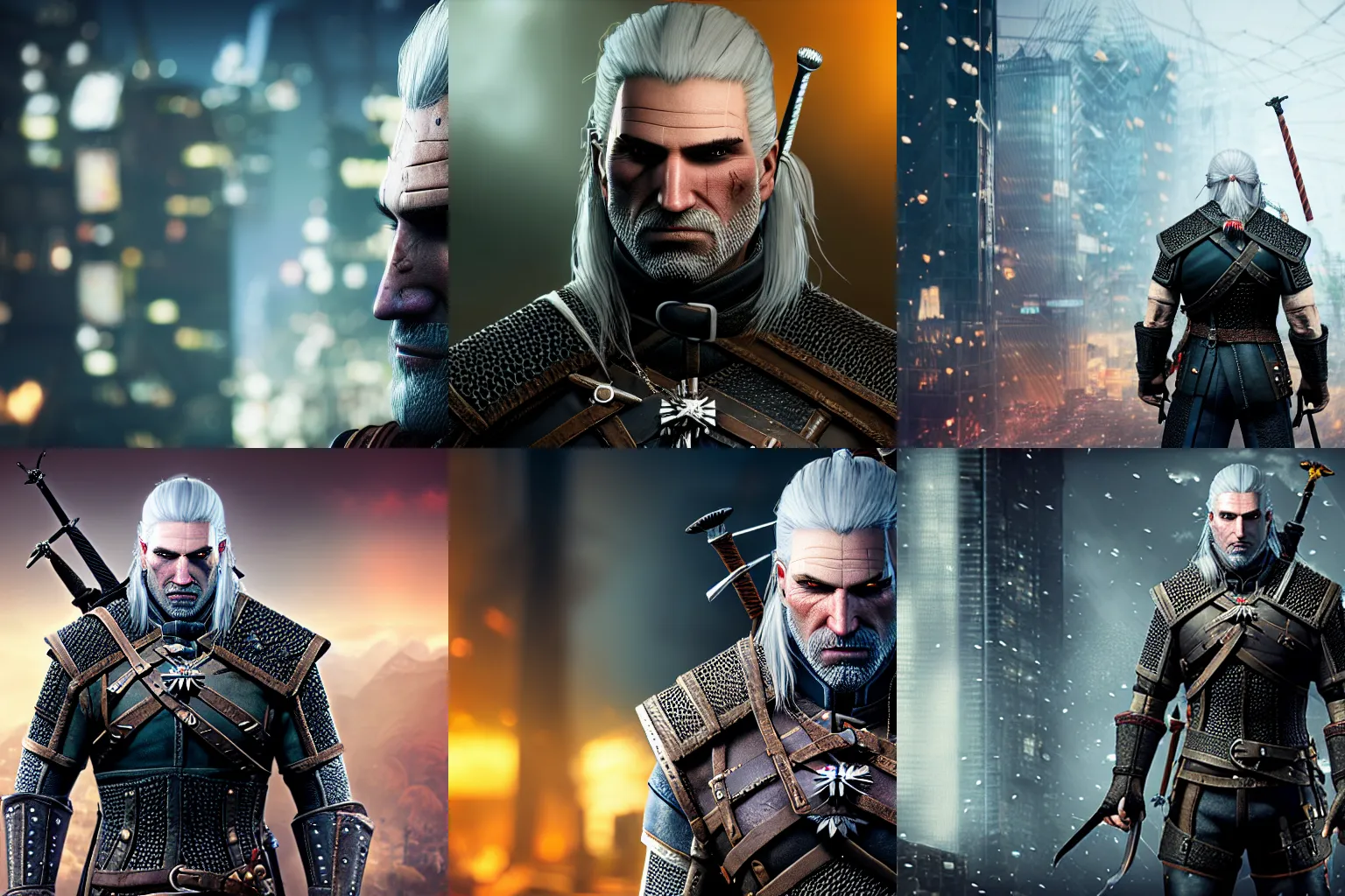 Prompt: portrait of geralt from the witcher 3 in a cyberpunk shinjuku, bokeh, blur, realistic