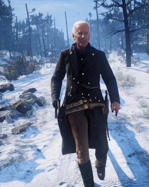 Image similar to Joe Biden in RDR2, gameplay screenshot, mid-shot