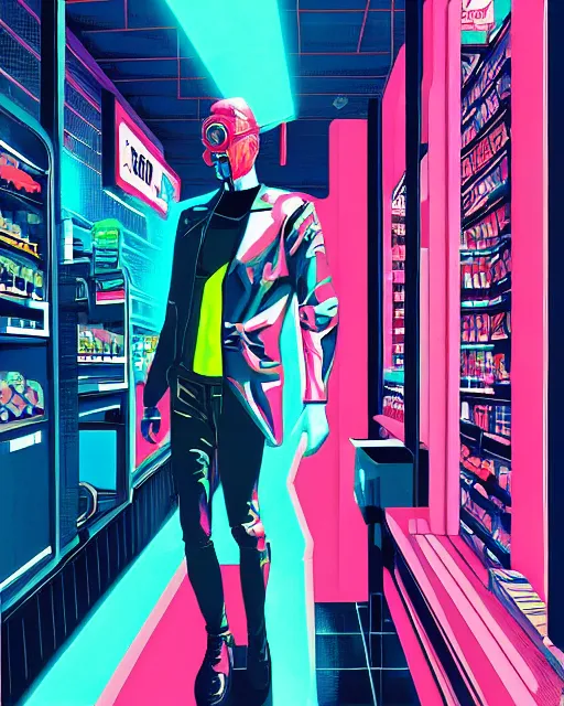 Image similar to cyberpunk man shopping at a neon soaked grocery store, science fiction painting, elegant intricate digital painting artstation, art by patrick nagel, detailed