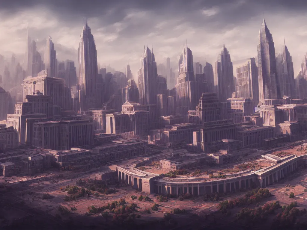 Prompt: landscape matte painting by fan wennan. communist american future capitol shining in the sun after the triumph of socialism in america, highly detailed, artstation, 8 k, photorealistic, hyperrealism, grounded rectangular governmental architecture, imposing, strength, abundance, america 2 0 9 8