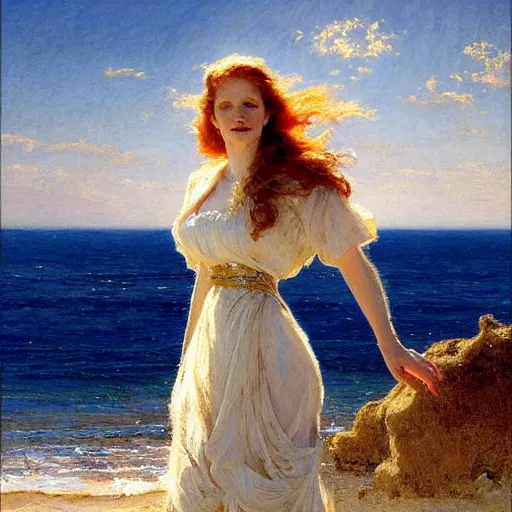 Image similar to detailed cinematic shot of jessica chastain with white clothes in the mediterranean beach, spring light, painting by gaston bussiere, craig mullins, j. c. leyendecker