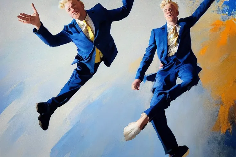 Image similar to greg manchess portrait of a blond man in a blue suit falling towards the ground, profile picture, organic painting, sunny day, matte painting, bold shapes, hard edges, street art, trending on artstation, by huang guangjian, gil elvgren, ruan jia, randy vargas, greg rutkowski