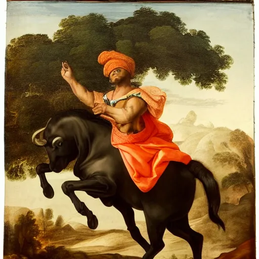 Image similar to black man with afro hair wearing an ( ( ( army green cloak ) ) ), riding an ( ( ( orange bull ) ) ), renaissance style painting