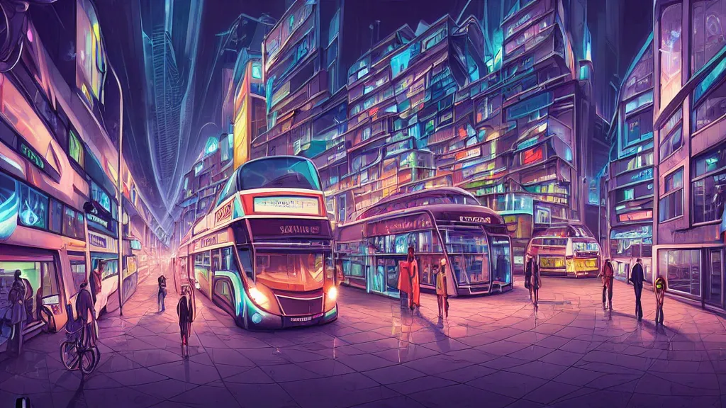 Image similar to street view of futuristic london city at night by cyril rolando and naomi okubo and dan mumford and zaha hadid. advertisements. elegant lamps. double decker bus.