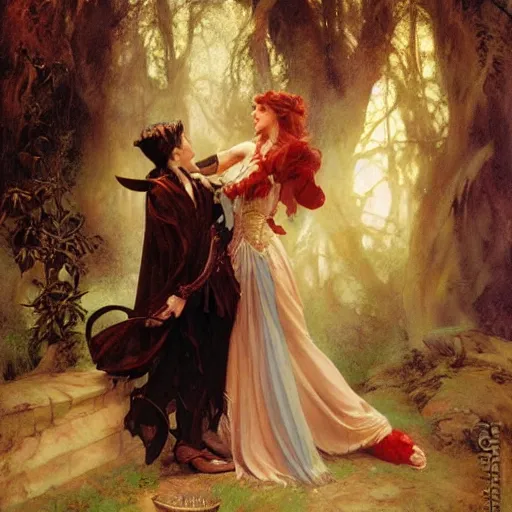 Image similar to attractive male fairy of the forest confesses his love to attractive male dracula the vampire. highly detailed painting by gaston bussiere, craig mullins, j. c. leyendecker 8 k