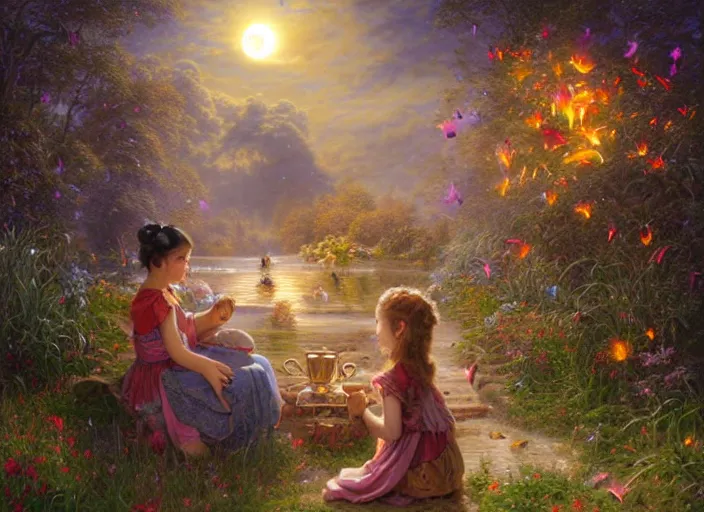 Image similar to 3D artist staring into the camera sculpting a teapot, fireflies, full moon, Lilia Alvarado, Sophie Anderson, Mark Arian, Bob Byerley, Charlie Bowater, Mark Brooks, Steve Henderson, Justin Gerard, Arthur Hughes, Edward Robert Hughes, Mark Keathley, Victor Nizovtsev, Carlos Shwabe, Ross Tran, WLOP