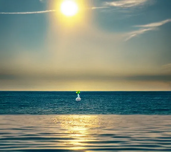 Image similar to luigi floating on an egg over the sea, wide shot, dramatic, golden hour