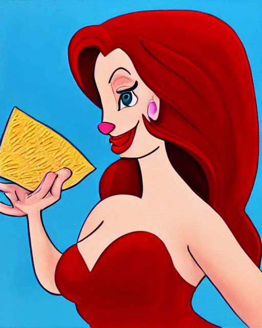 Image similar to Jessica Rabbit eating a bag of Doritos, sitting on a chair, oil painting, traditional animation portrait