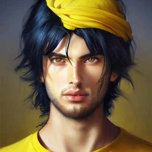 Image similar to ultra realistic illustration, a young man with black hair, in a yellow t - shirt, with blue eyes, highly detailed, digital painting, artstation, concept art, smooth, sharp focus, illustration, art by artgerm and greg rutkowski and alphonse mucha