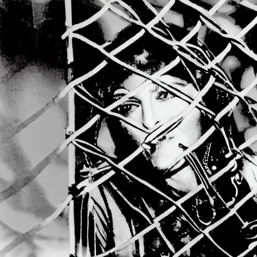 Prompt: madonna looking out from a helicopter, she is a prisoner, handcuffed and held upside down in a net.