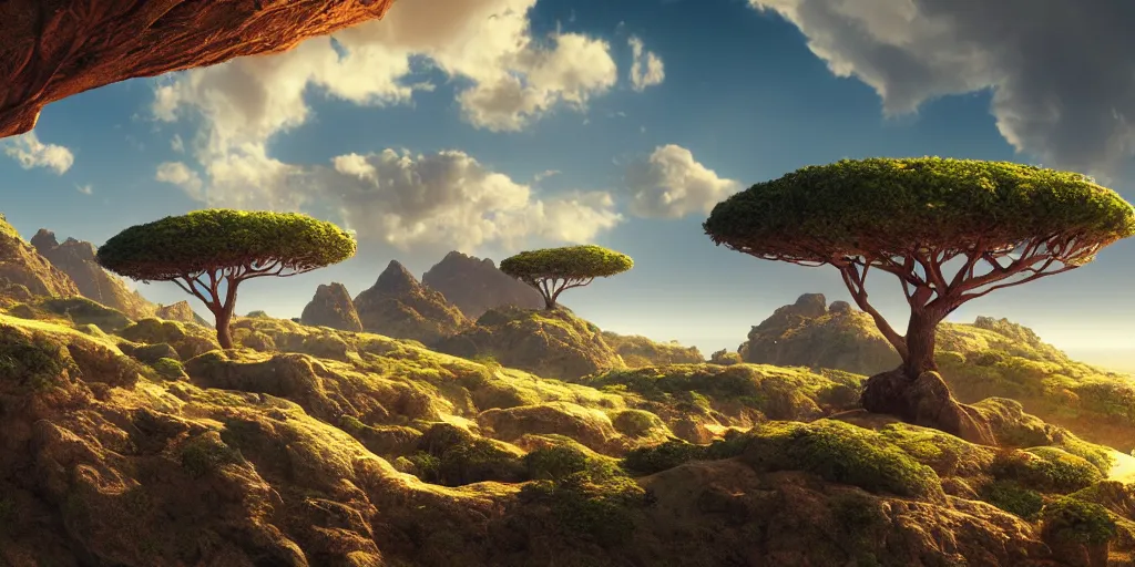 Prompt: Lively landscape of a socotra island filled with socotra dragon trees, realistic detailed digital art by Maxwell Boas Jessica Rossier Christian Dimitrov Anton Fadeev trending on Artstation CGSociety rendered in Unreal Engine 4k HQ