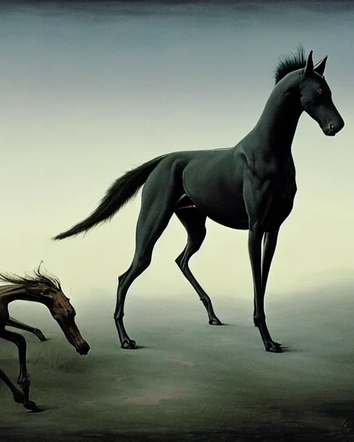 Prompt: painting of hybrid between black weimaraner & black stallion horse! & intercrossed animal, by zdzislaw beksinski, by mattias adolfsson, concept art, single object scene, beautiful composition, 8 k, wide angle shot, depth of view,