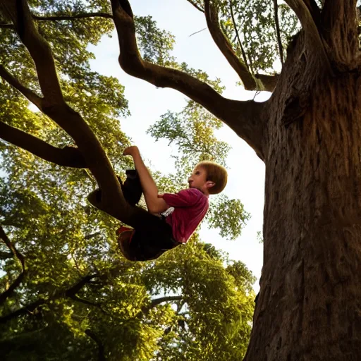 Prompt: a child climbing beautiful giant tree growing in the middle of a Victorian library. dramatic light, 4K