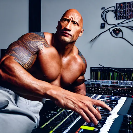 Prompt: dwayne johnson playing a modular synthesizer with lots of wires, ultra realistic, canon 3 5 m m photography, portrait