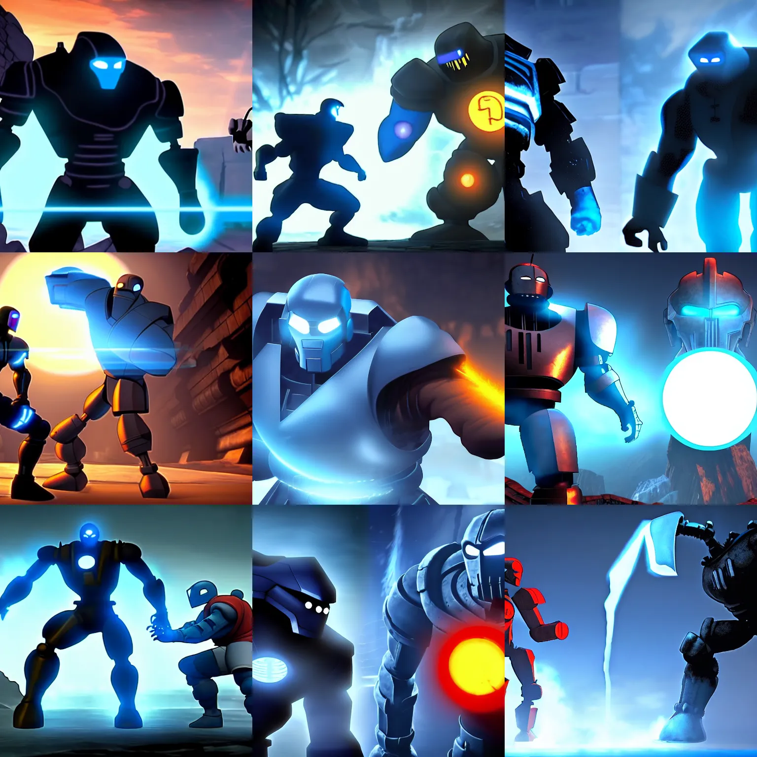 Prompt: iron giant vs sub - zero, unreal engine, epic battle, background game mortal kombat