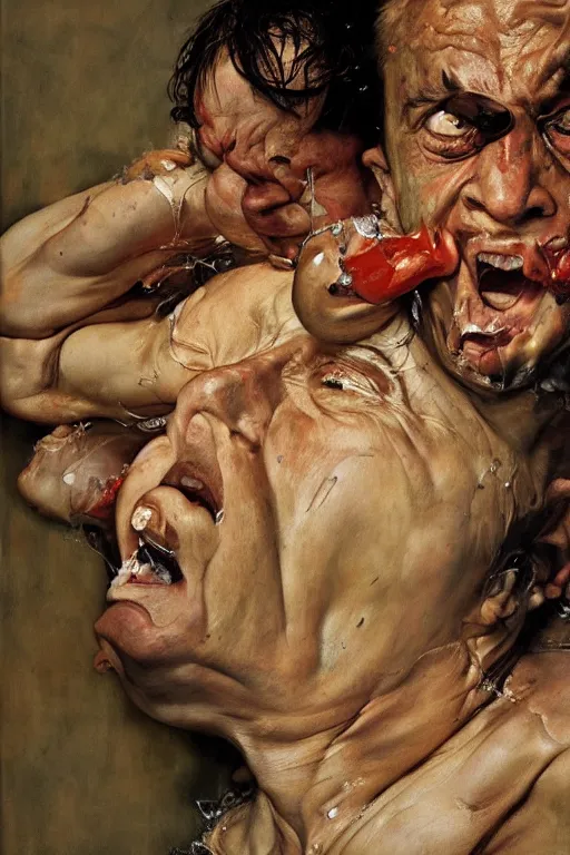 Image similar to portrait of a man enraged, part by Jenny Saville, part by Norman Rockwell