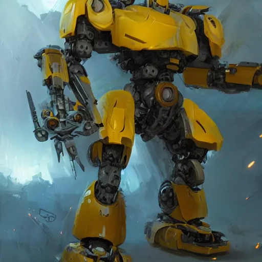 Image similar to yellow mecha with flat head and big sword and shield, Keetongu Bionicle, by Greg Rutkowski