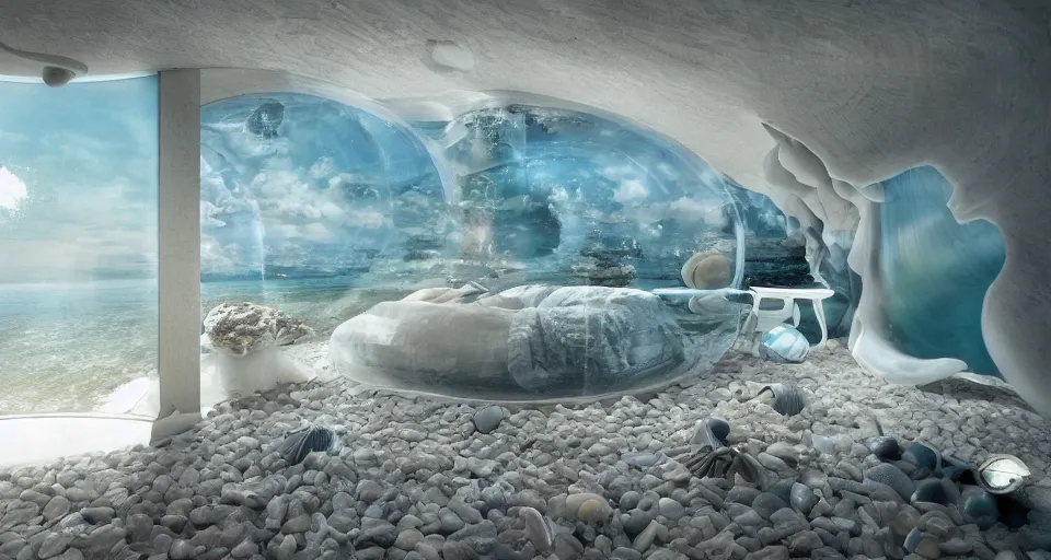 Image similar to nacre seashell house, atmospheric cinematography